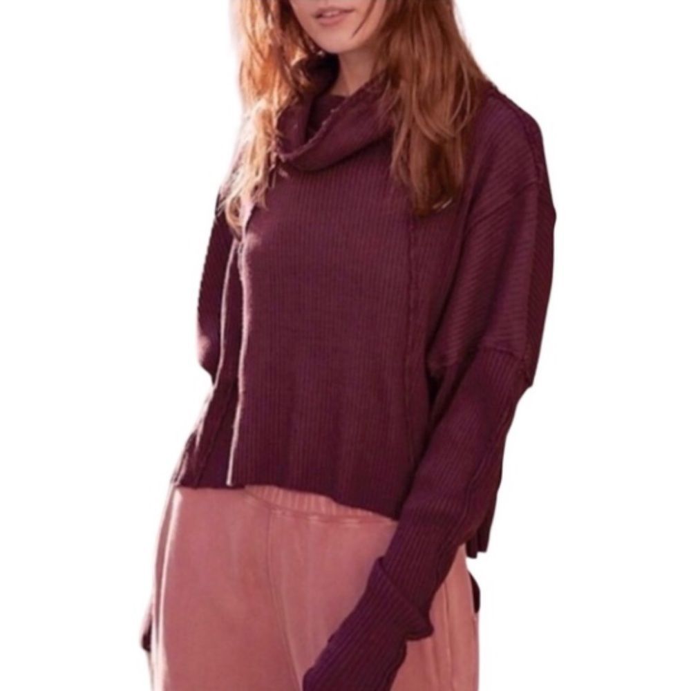 Free People Juicy Cowl Neck Split Back Thermal/Waffle Knit Top Oversize Stretch